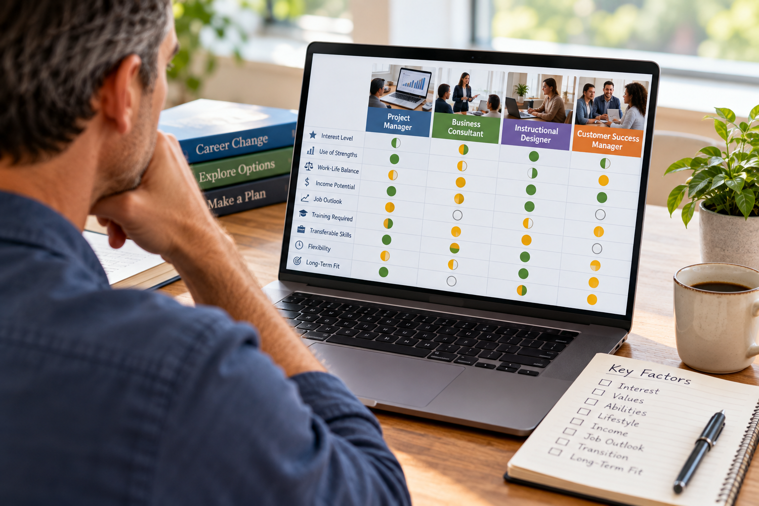 Professional comparing career options and evaluating the best career fit